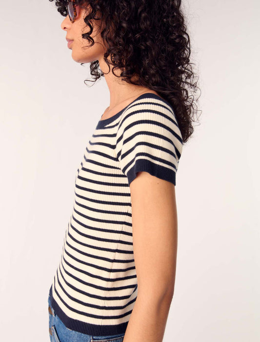 Navy / Ecru-Rib knit top with boat neck 