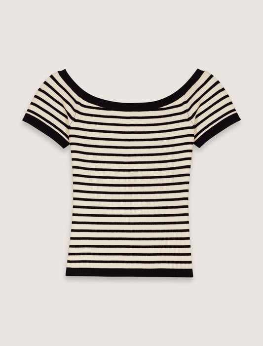 Navy / Ecru-Rib knit top with boat neck 