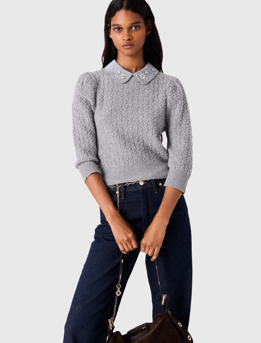 Removable poplin collar jumper Light Grey