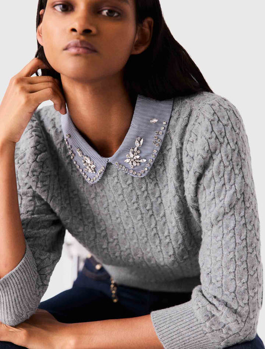 Removable poplin collar jumper Light Grey