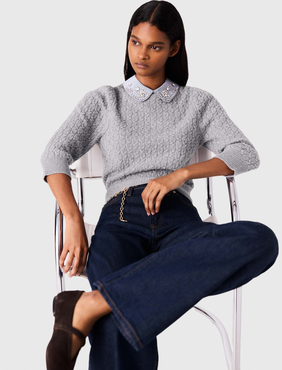Removable poplin collar jumper Light Grey
