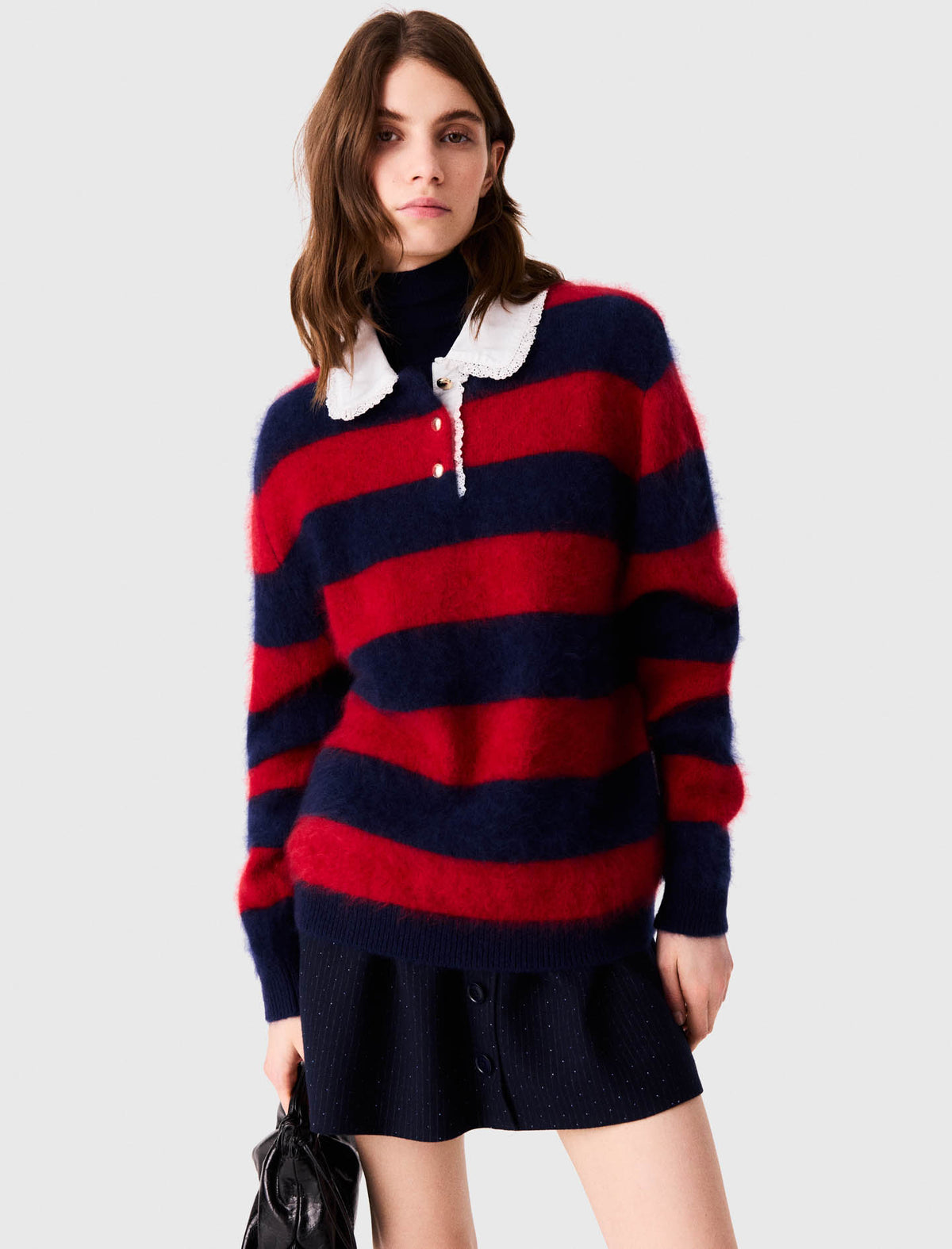 Fluffy jumper with poplin collar Navy/Red