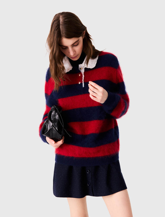 Fluffy jumper with poplin collar Navy/Red
