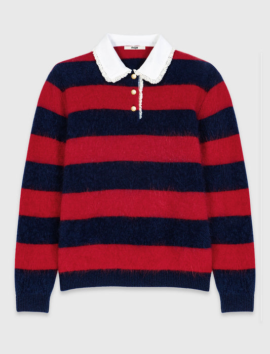 Fluffy jumper with poplin collar Navy/Red