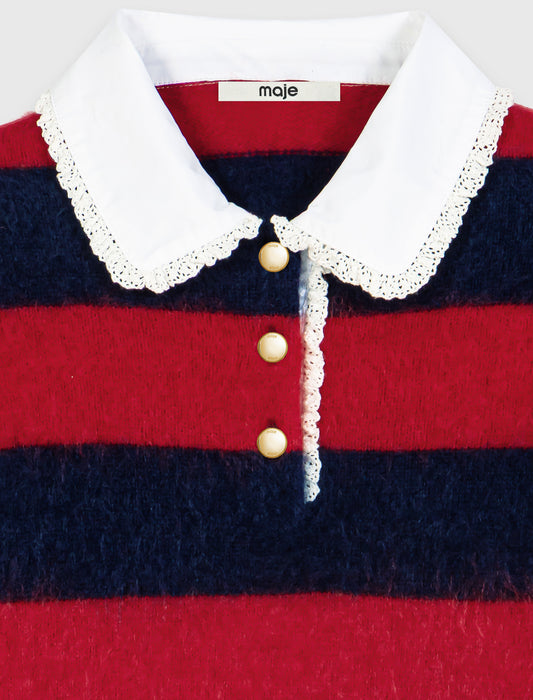 Fluffy jumper with poplin collar Navy/Red