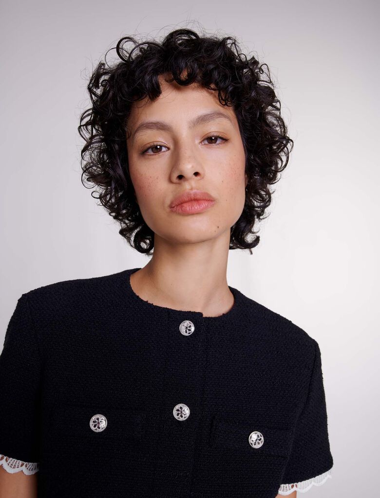 Black  -Short tweed dress with trim