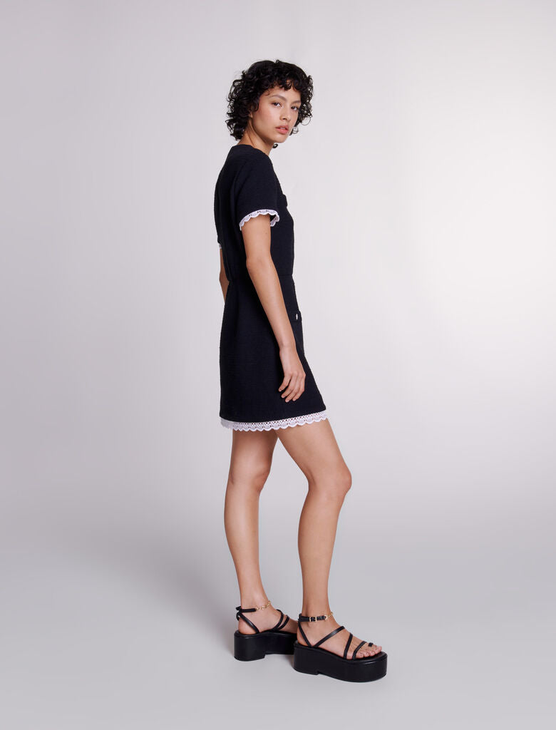Black  -Short tweed dress with trim