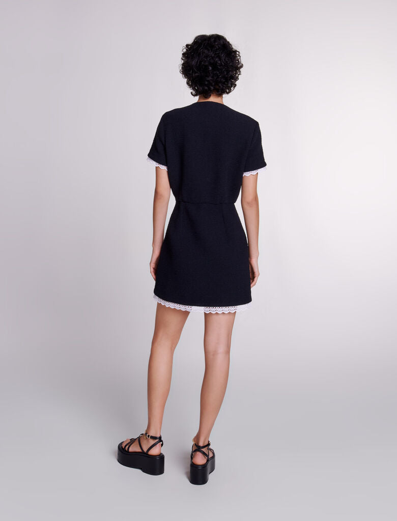 Black  -Short tweed dress with trim