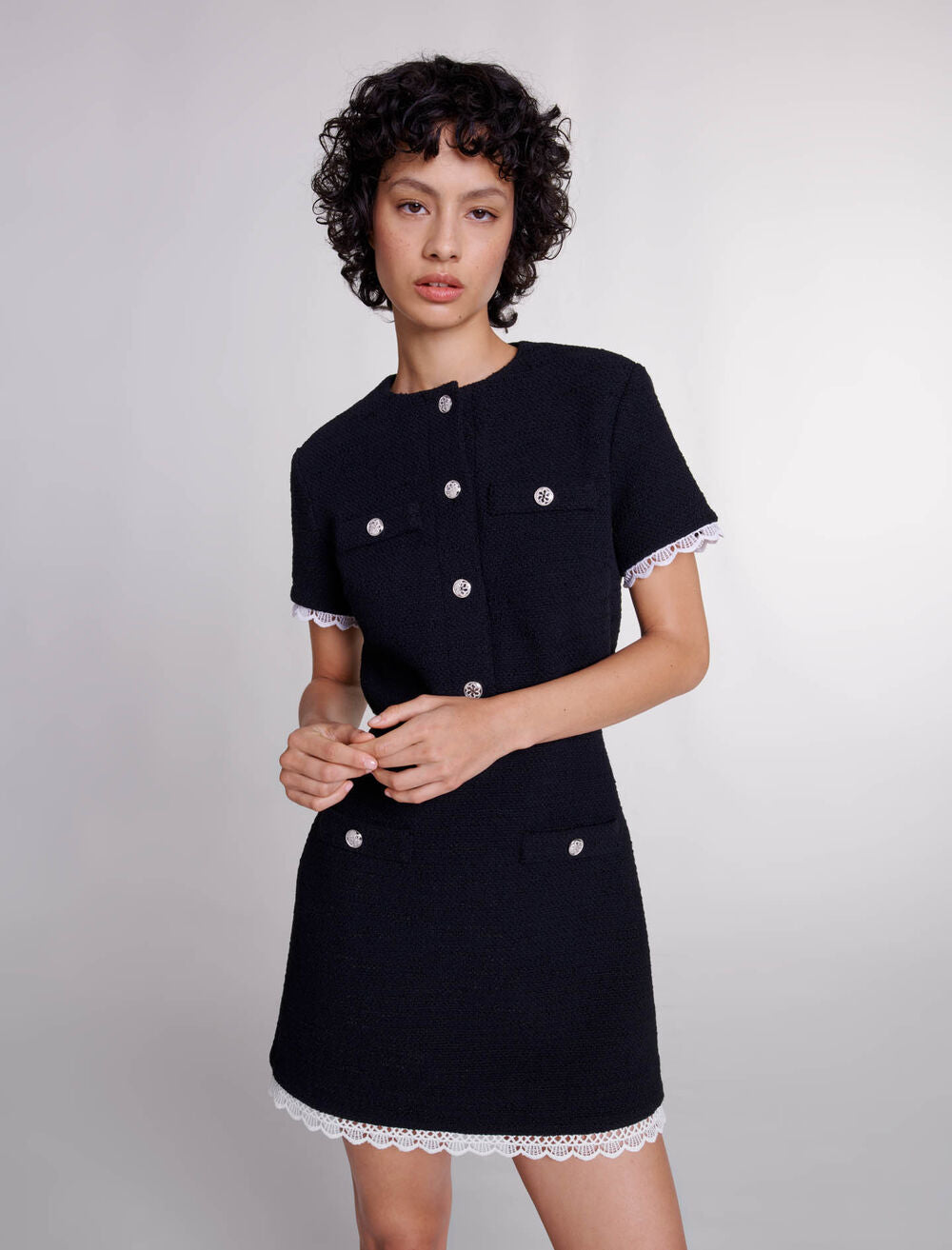 Black featured-Short tweed dress with trim
