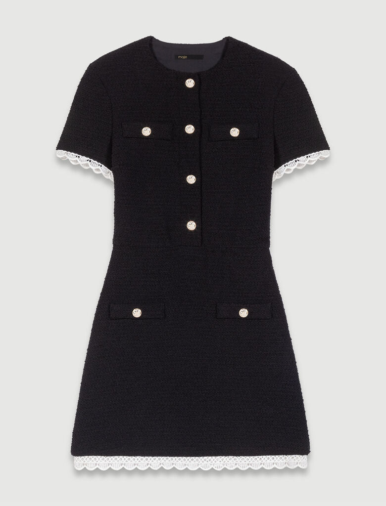 Black  -Short tweed dress with trim