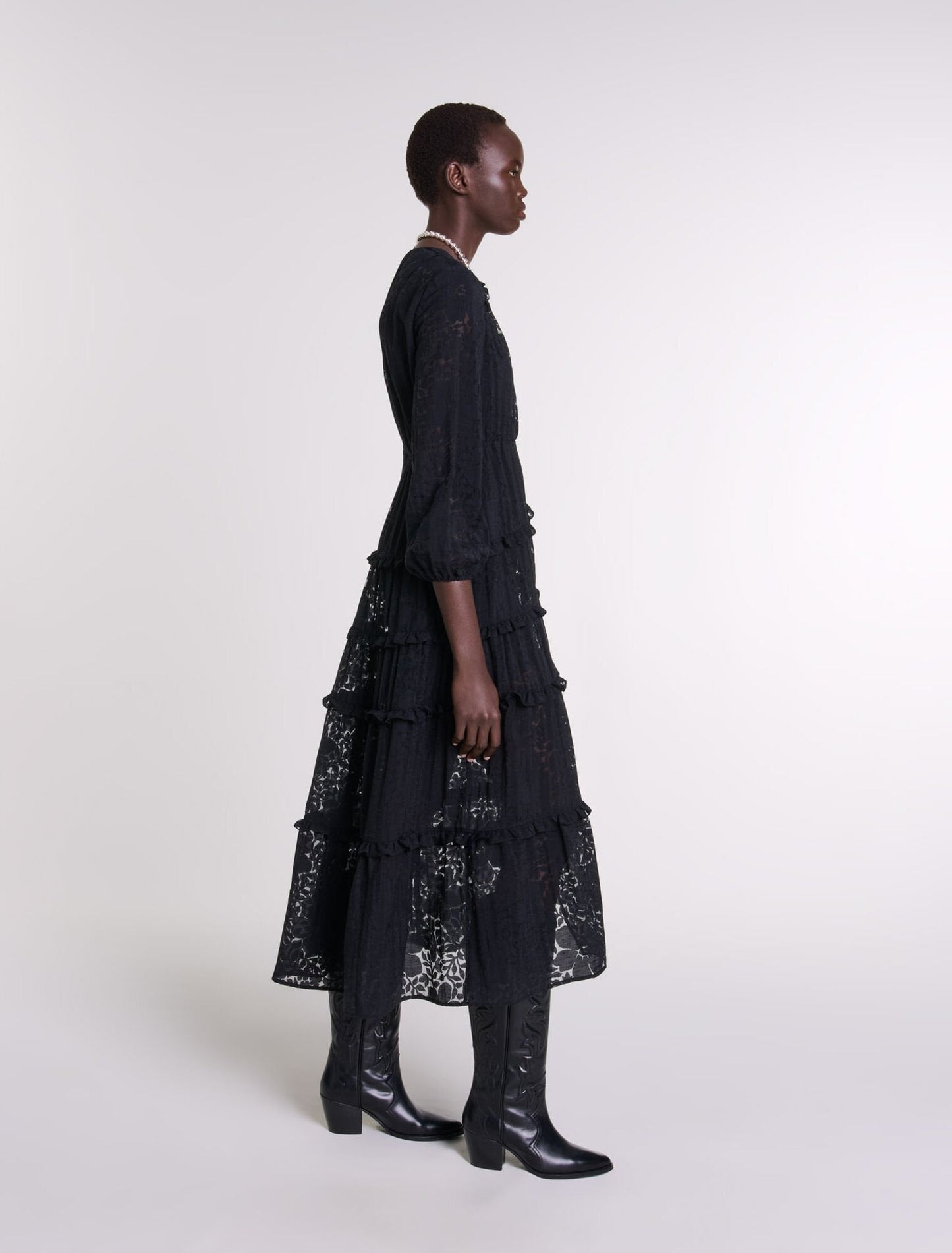 Black-Ruffled patterned maxi dress