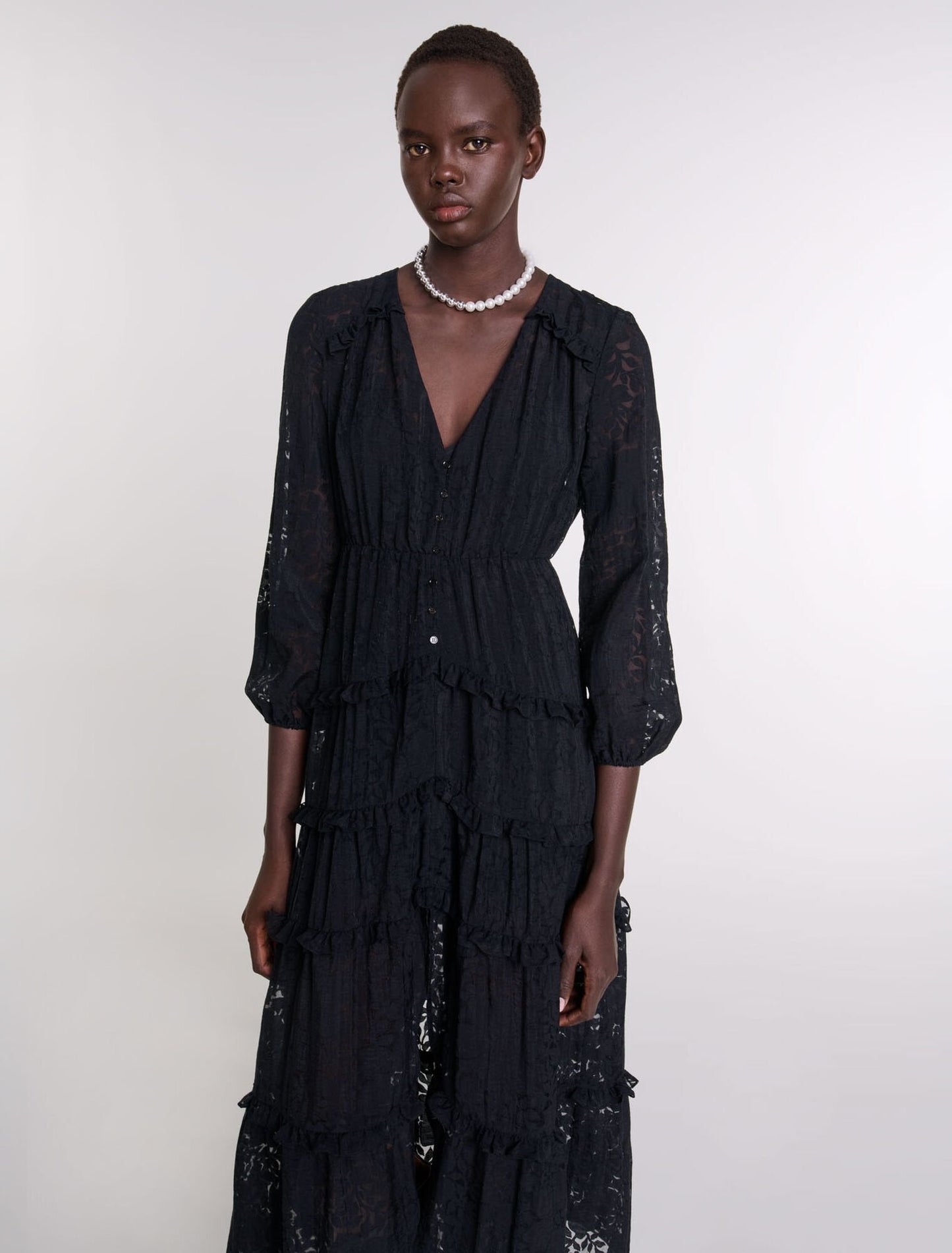 Black-Ruffled patterned maxi dress