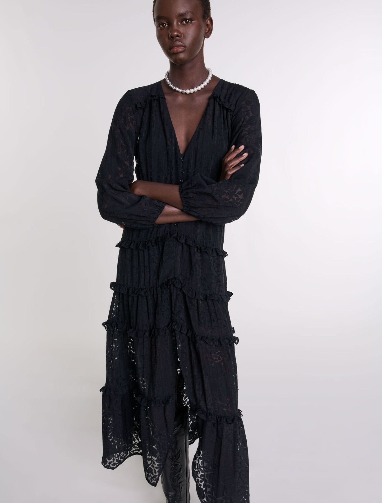 Black-Ruffled patterned maxi dress