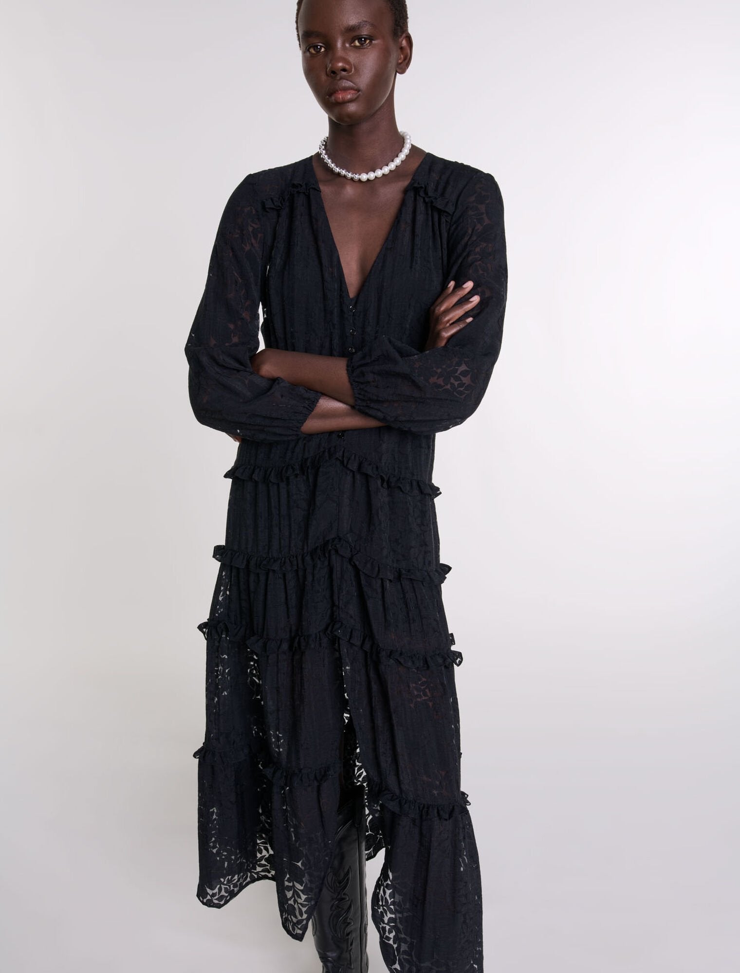 Black-Ruffled patterned maxi dress
