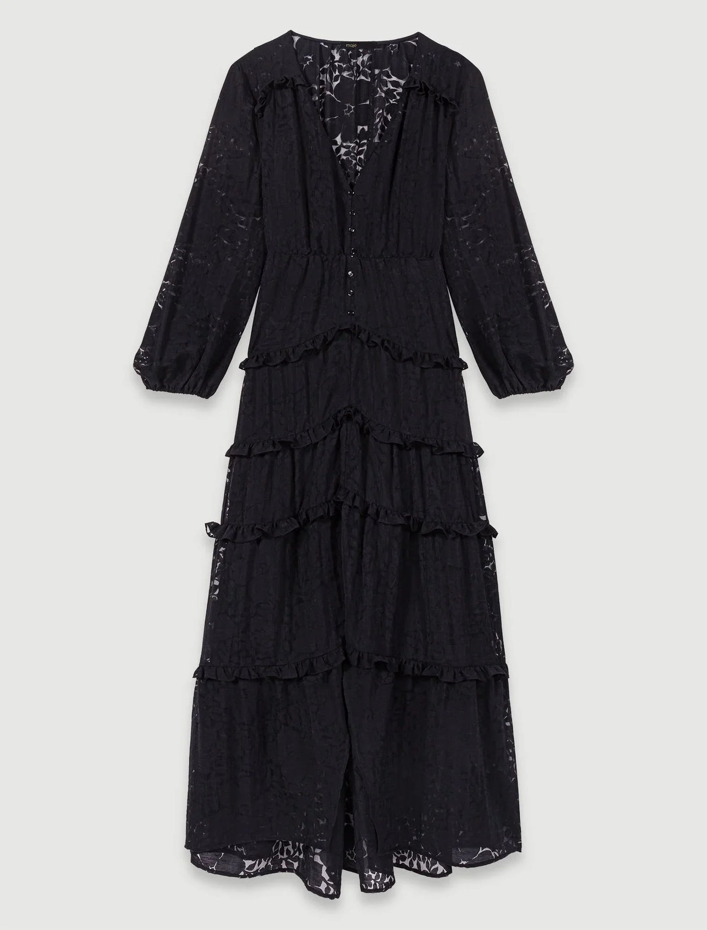 Black-Ruffled patterned maxi dress