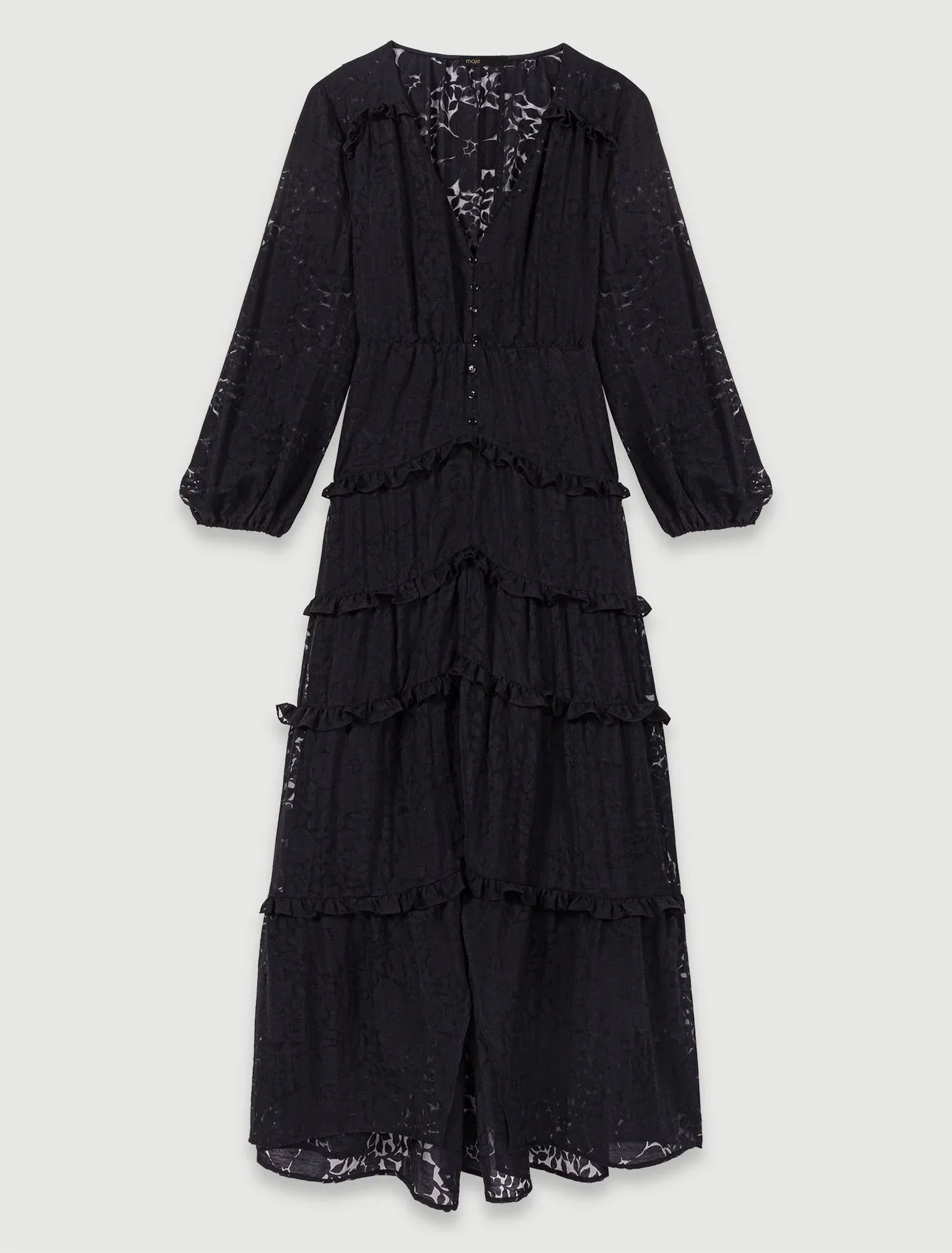 Black-Ruffled patterned maxi dress