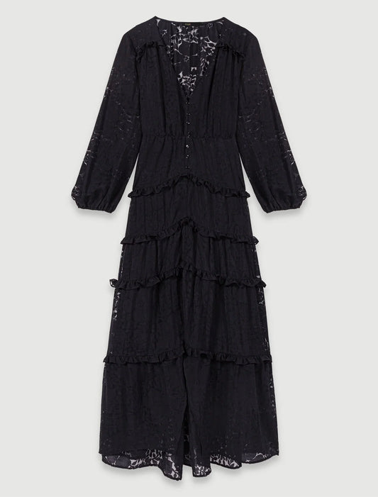 Black-Ruffled patterned maxi dress