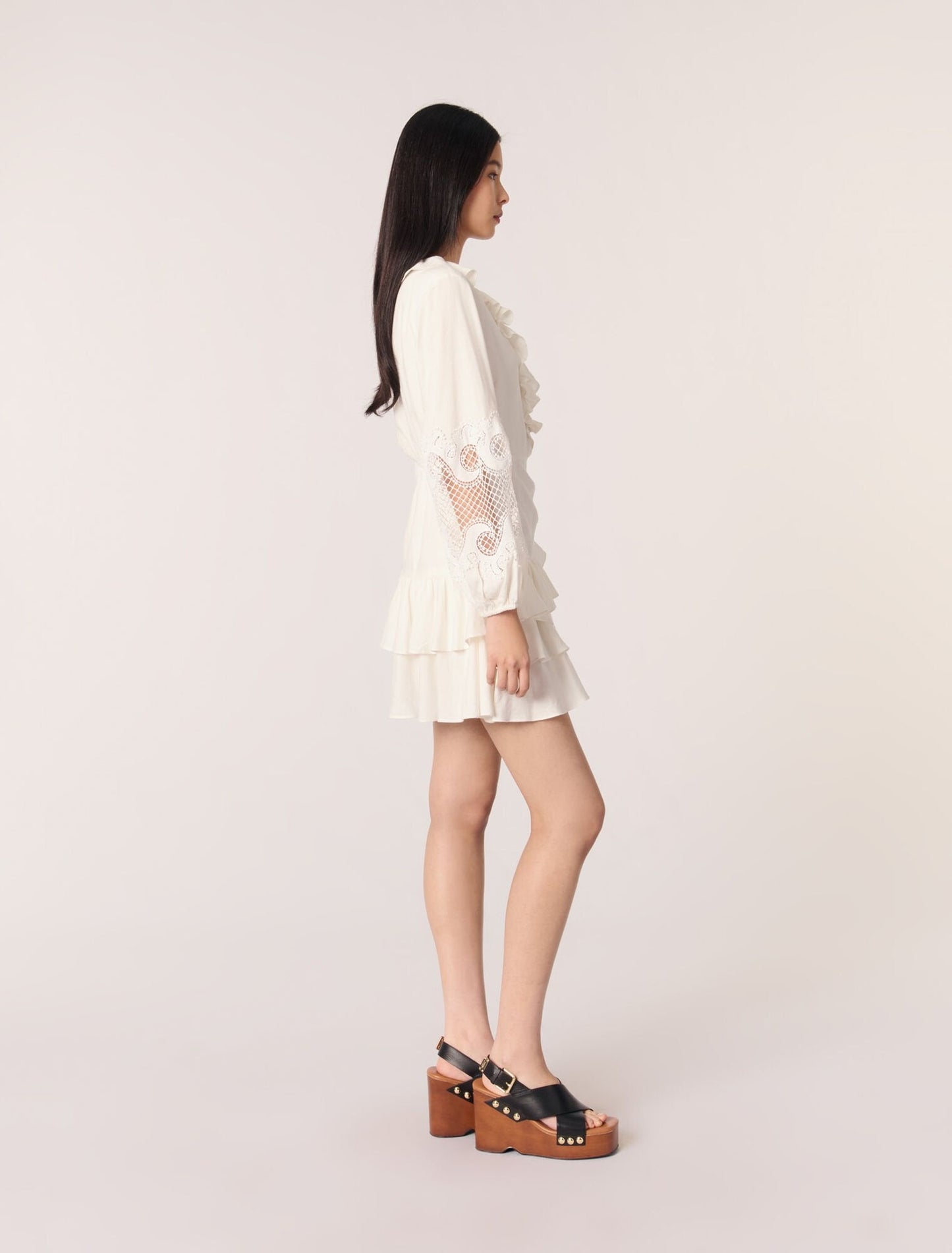 Ecru Ruffled embroidered sleeve dress