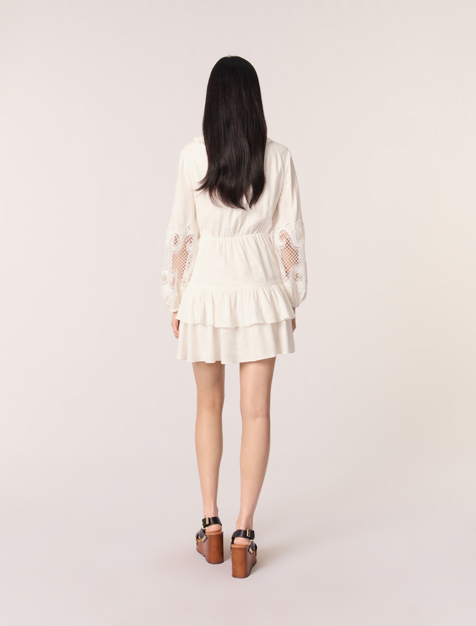 Ecru Ruffled embroidered sleeve dress
