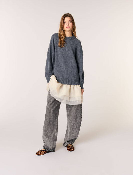 Gray/Ecru-featured-Wool and organza dual-fabric dress