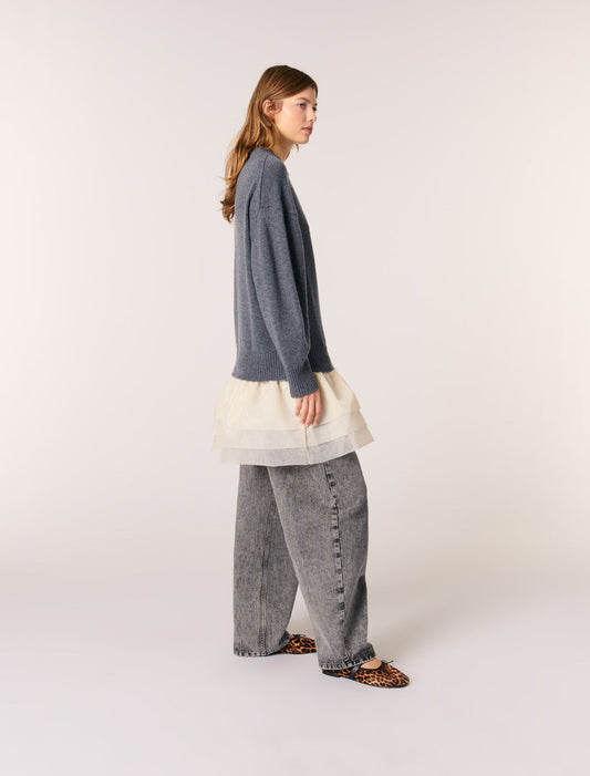 Gray/Ecru-Wool and organza dual-fabric dress