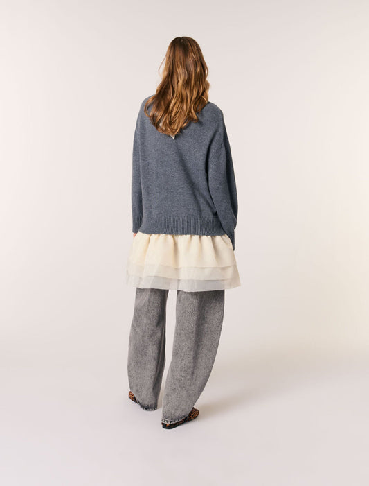 Gray/Ecru-Wool and organza dual-fabric dress