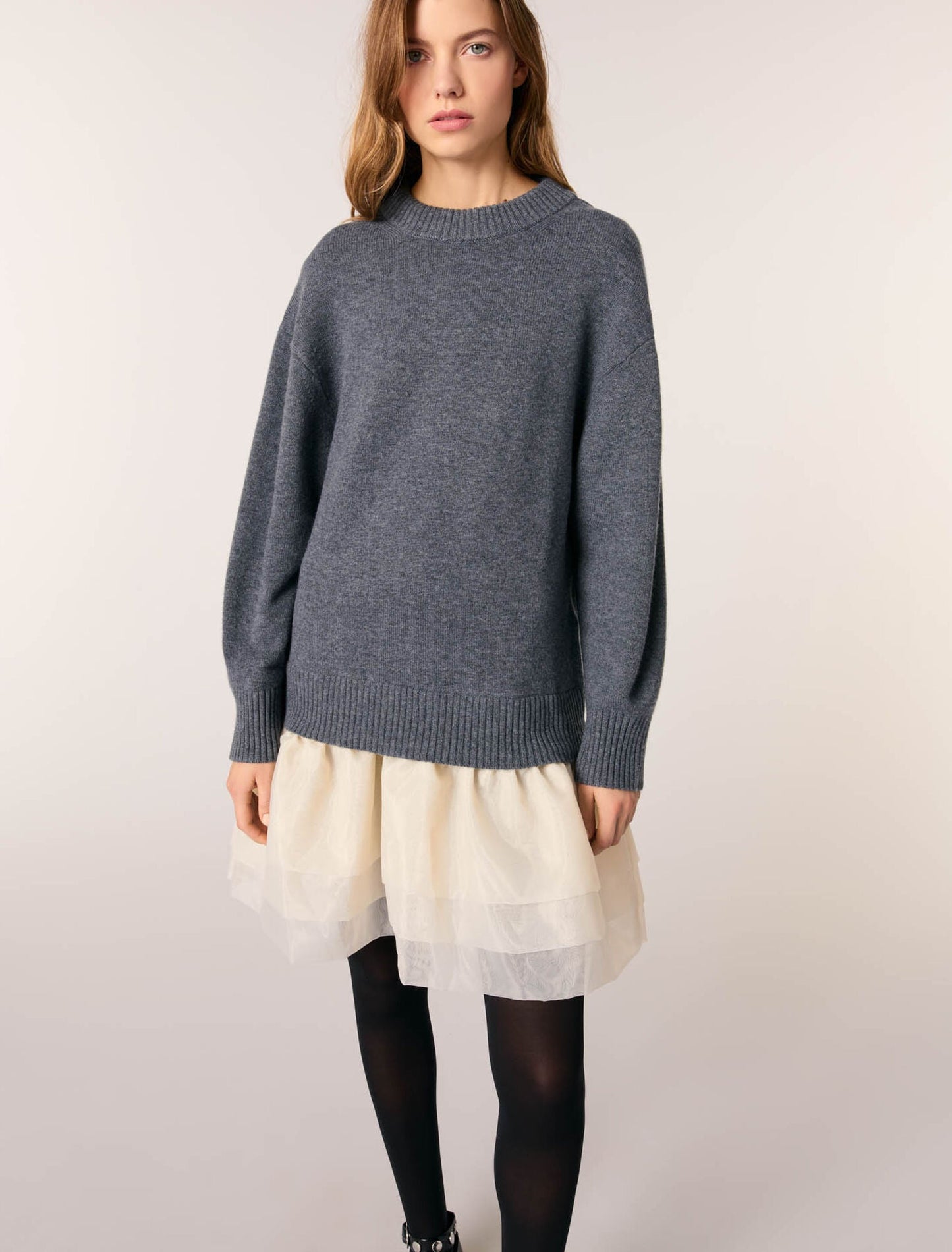Gray/Ecru-Wool and organza dual-fabric dress