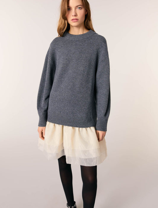 Gray/Ecru-Wool and organza dual-fabric dress