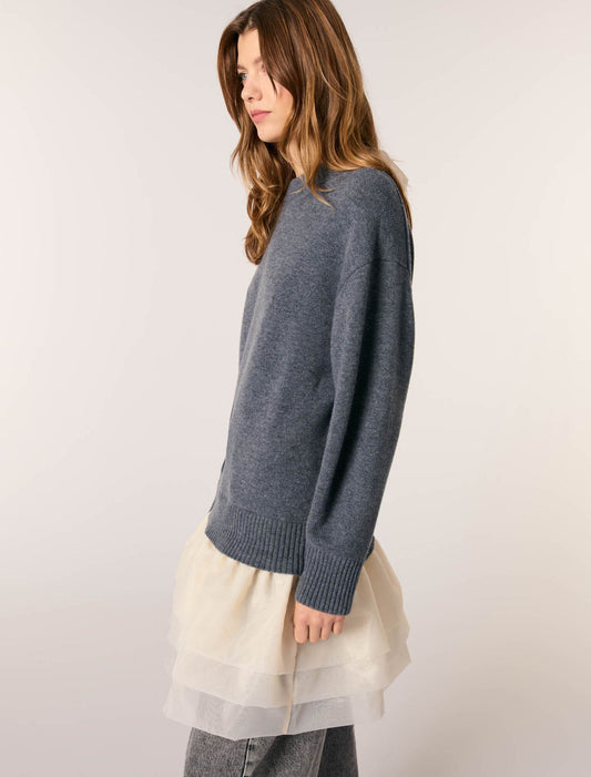 Gray/Ecru-Wool and organza dual-fabric dress