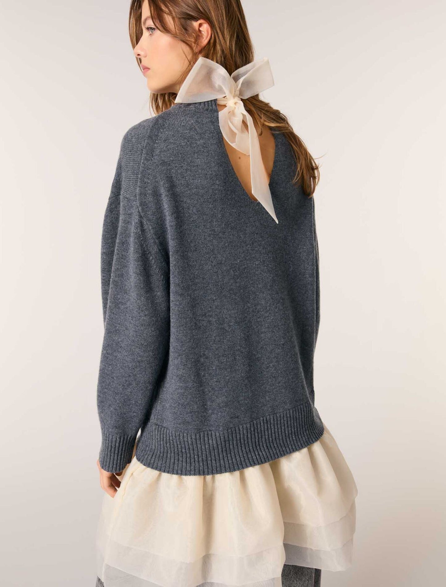 Gray/Ecru-Wool and organza dual-fabric dress