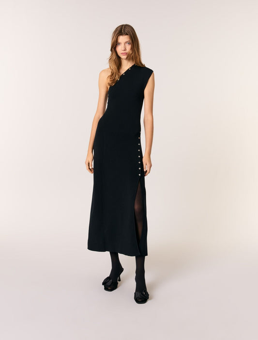 Black featured Asymmetric knit maxi dress 