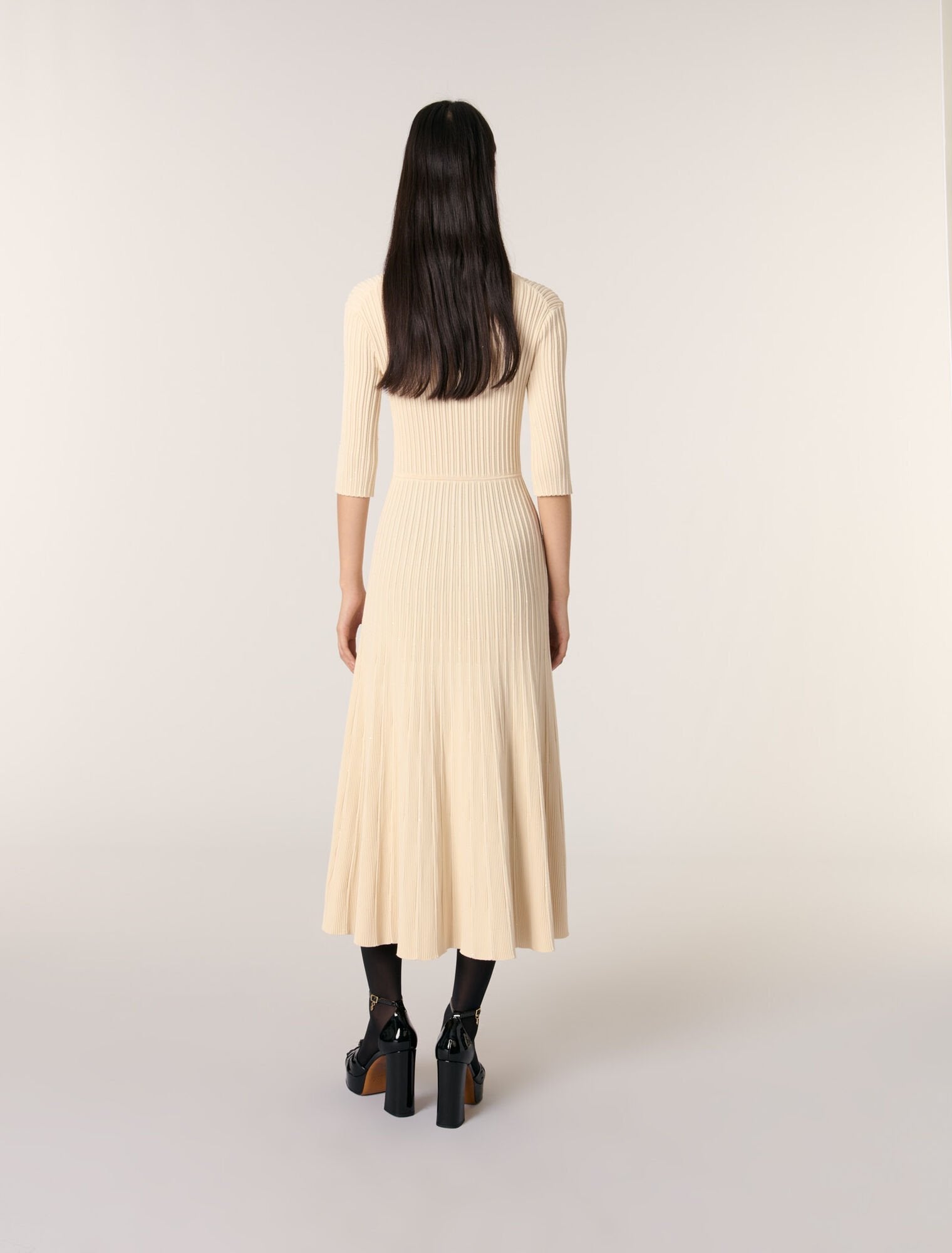 Beige-Sequin knit midi dress