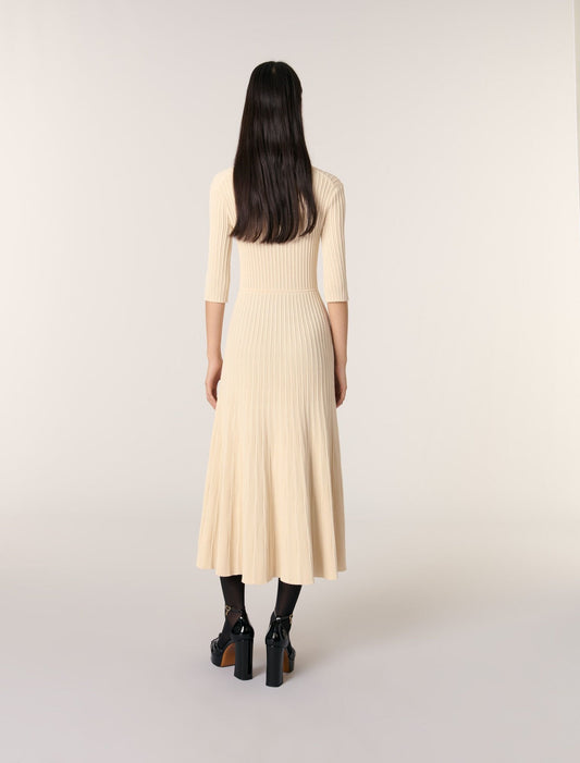 Beige-Sequin knit midi dress