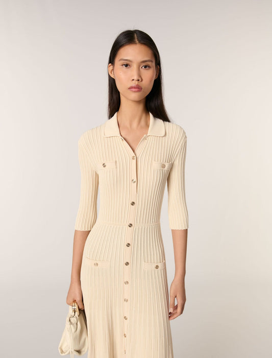 Beige-Sequin knit midi dress