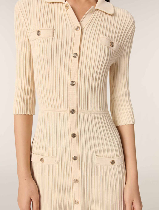 Beige-Sequin knit midi dress