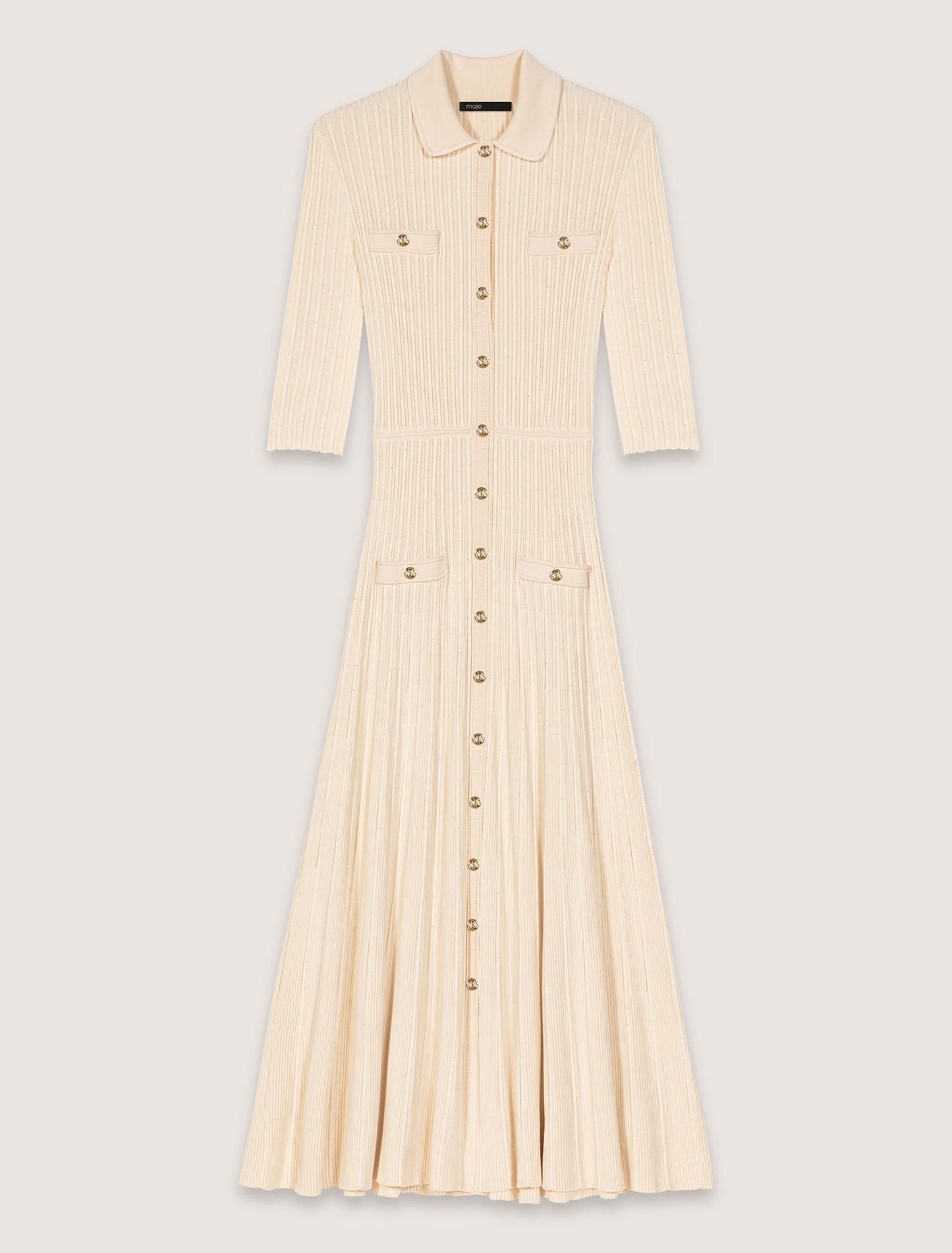 Beige-Sequin knit midi dress