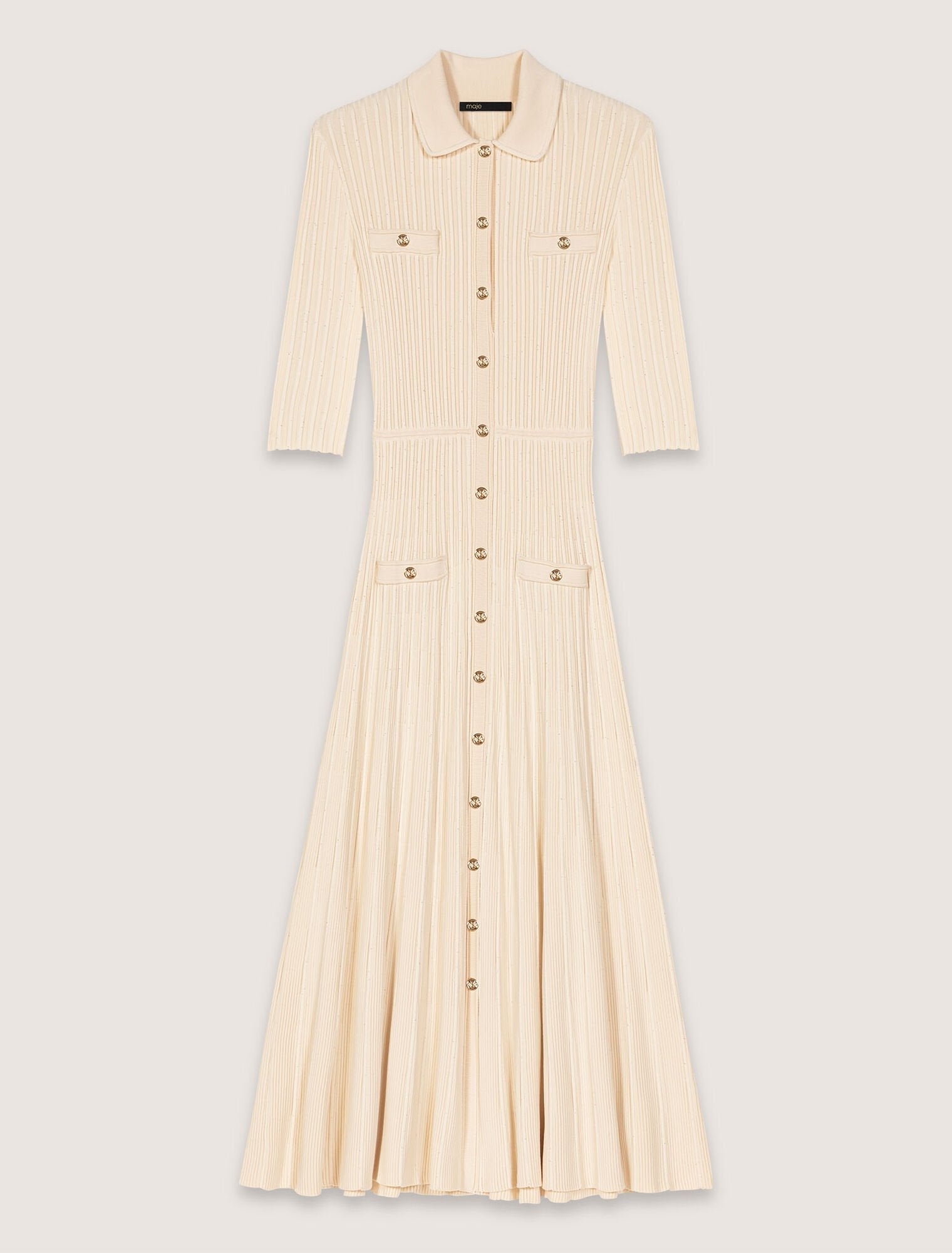 Beige-Sequin knit midi dress
