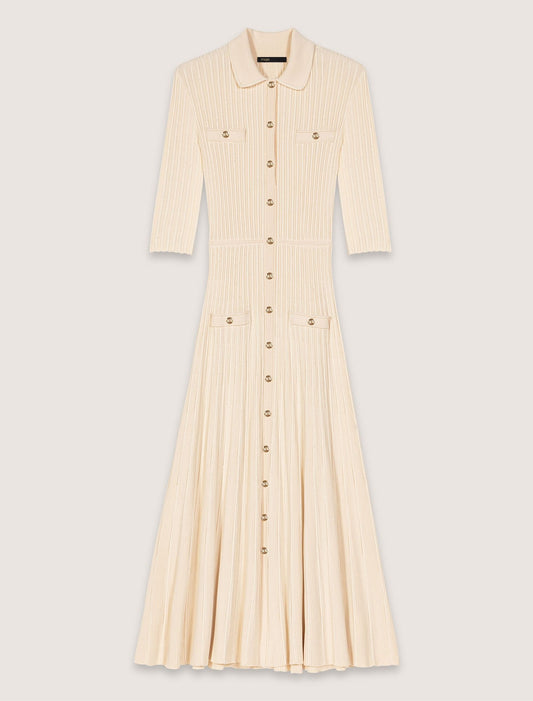 Beige-Sequin knit midi dress