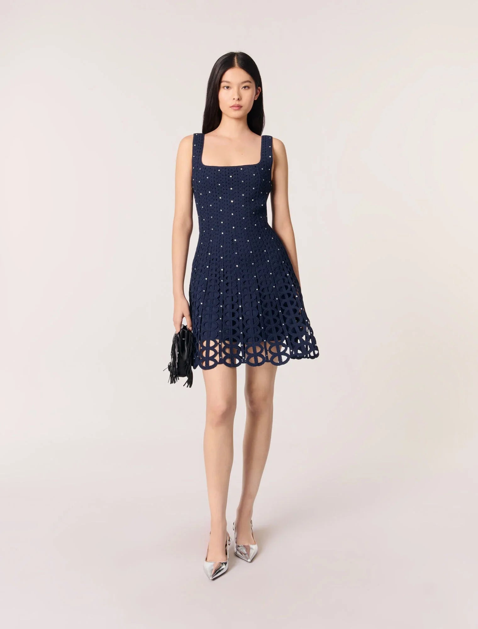 Navy-featured-Rhinestone Crochet Short Dress