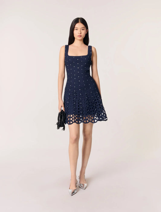 Navy-featured-Rhinestone Crochet Short Dress
