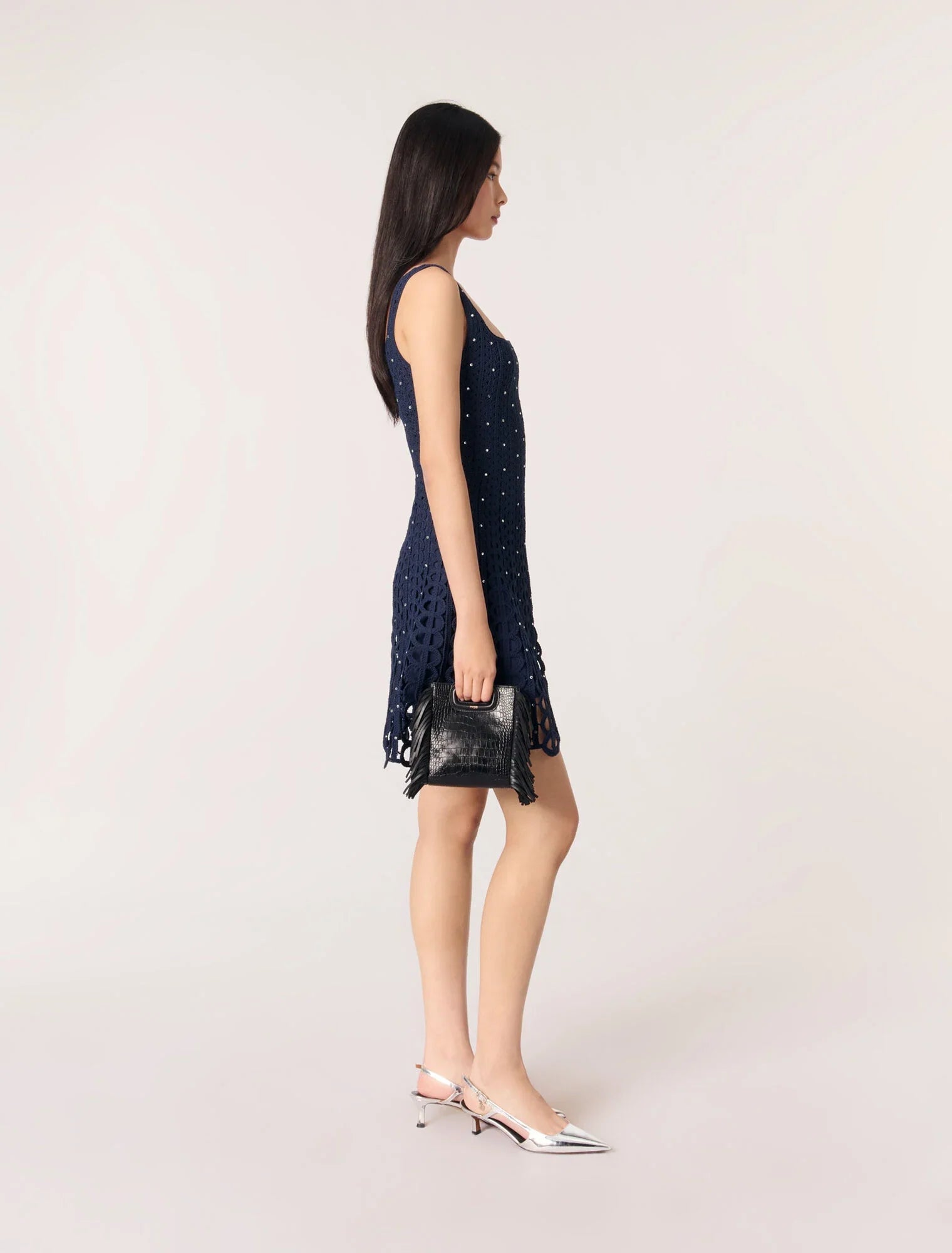 Navy-Rhinestone Crochet Short Dress