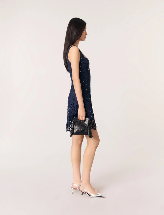 Navy-Rhinestone Crochet Short Dress