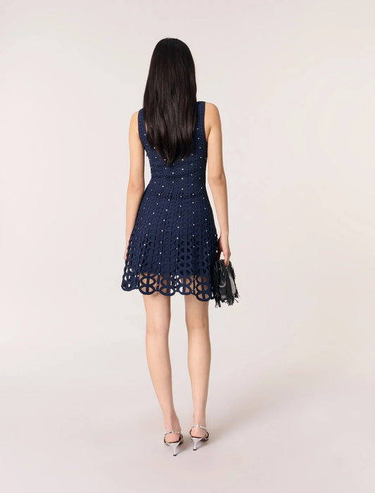 Navy-Rhinestone Crochet Short Dress