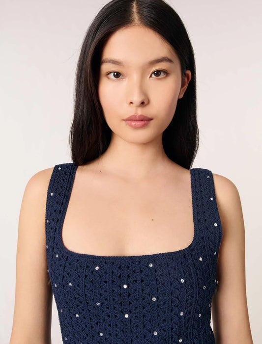 Navy-Rhinestone Crochet Short Dress