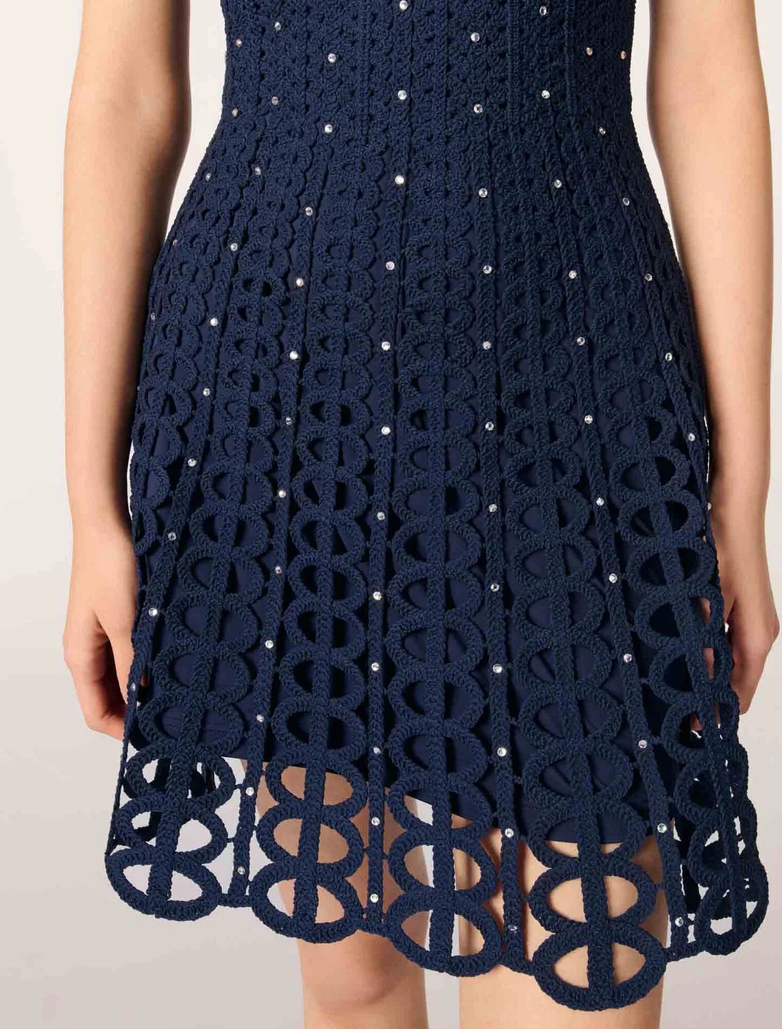 Navy-Rhinestone Crochet Short Dress
