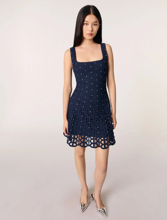 Navy-Rhinestone Crochet Short Dress