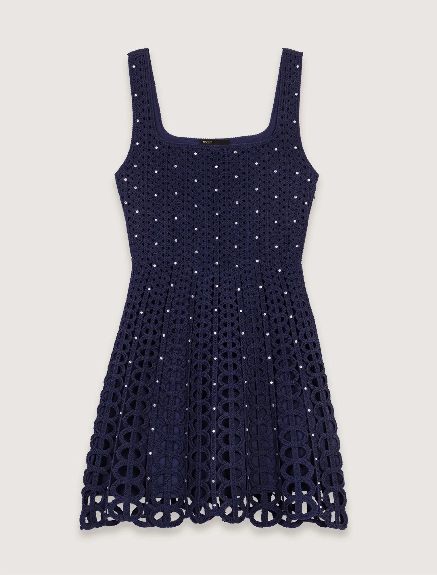 Navy-Rhinestone Crochet Short Dress