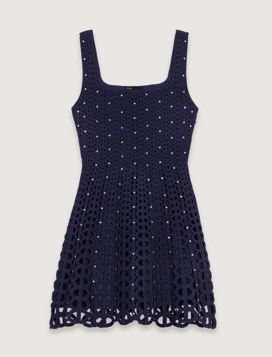 Navy-Rhinestone Crochet Short Dress
