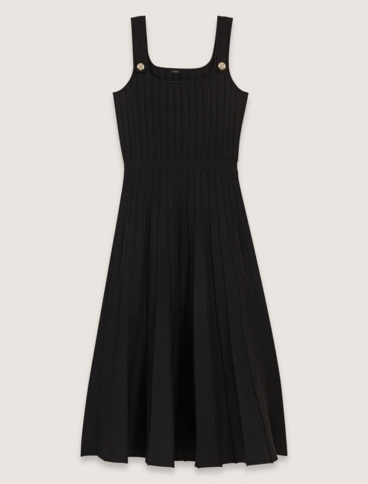 Black-Pleated knit midi dress