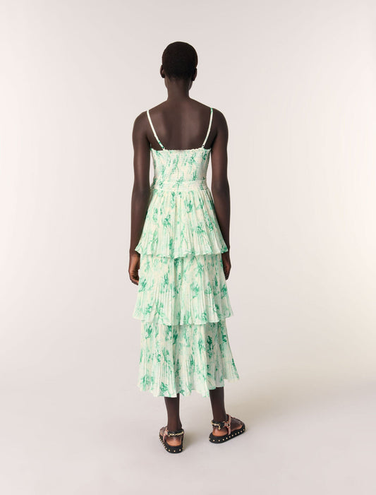 Green Floral Print Ecru Base-Patterned ruffled maxi dress
